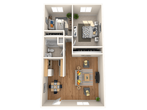 A top-down view of a small apartment with a kitchen, living room, and bedroom.